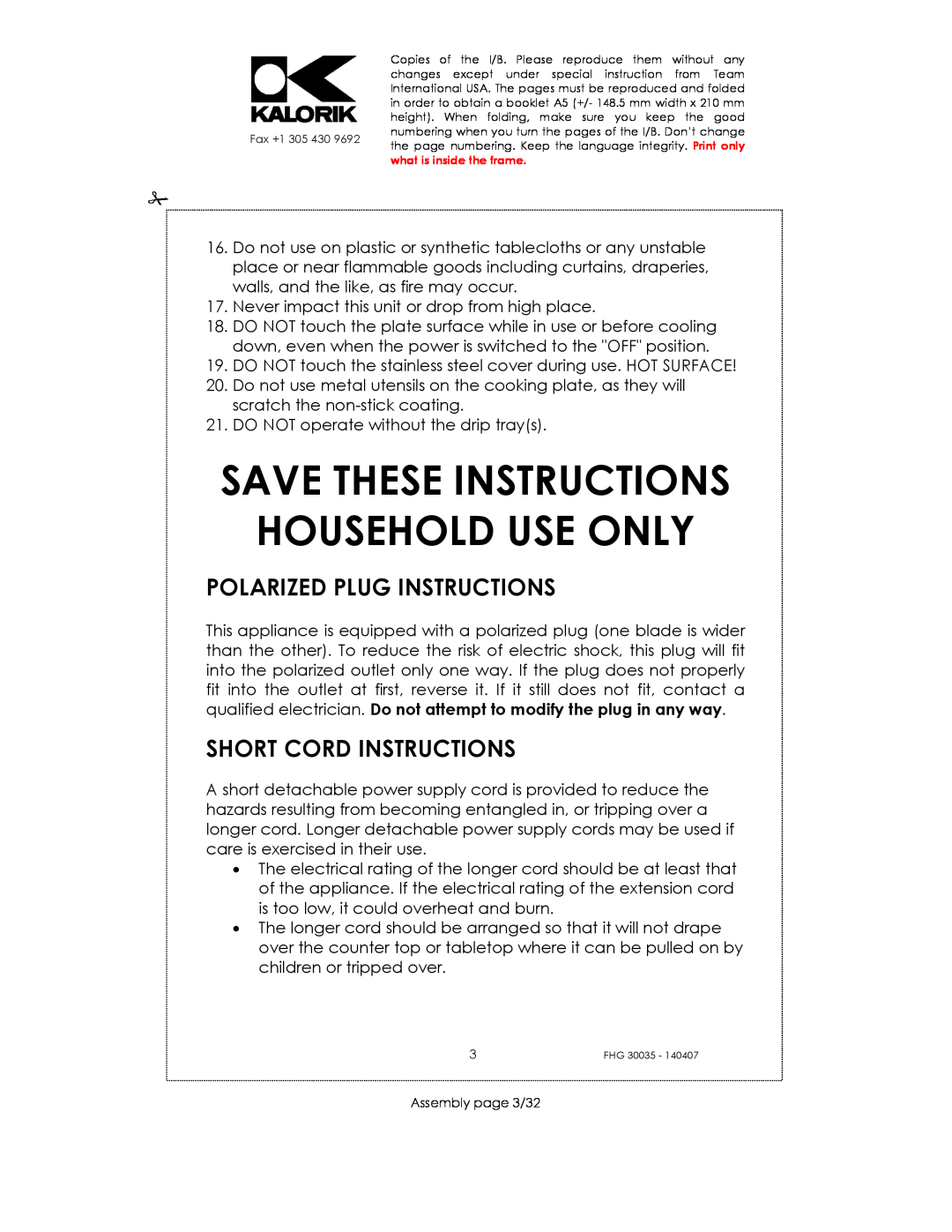 Kalorik FHG 30035 manual Polarized Plug Instructions, Short Cord Instructions, Save These Instructions Household Use Only 