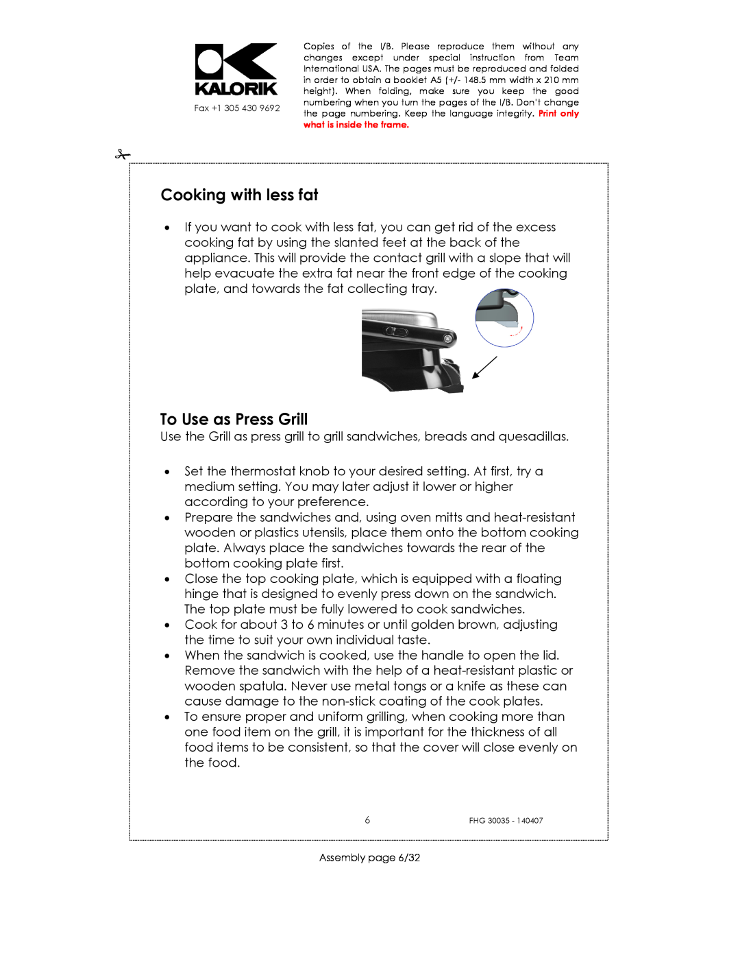 Kalorik FHG 30035 manual Cooking with less fat, To Use as Press Grill, Assembly page 6/32 