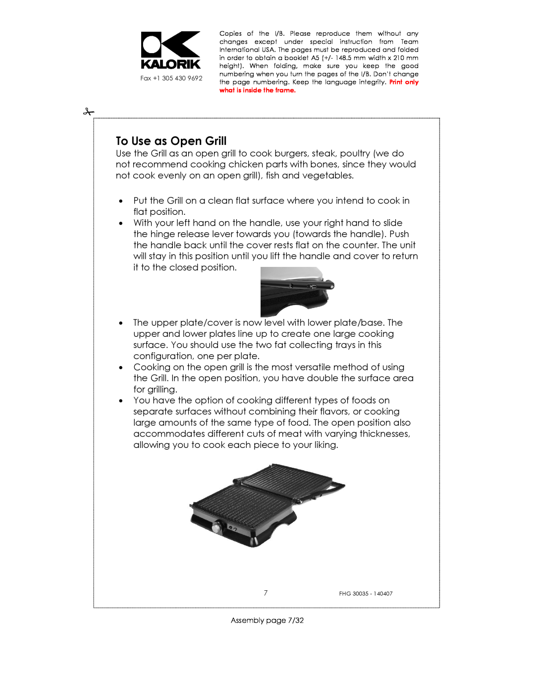 Kalorik FHG 30035 manual To Use as Open Grill, Assembly page 7/32 