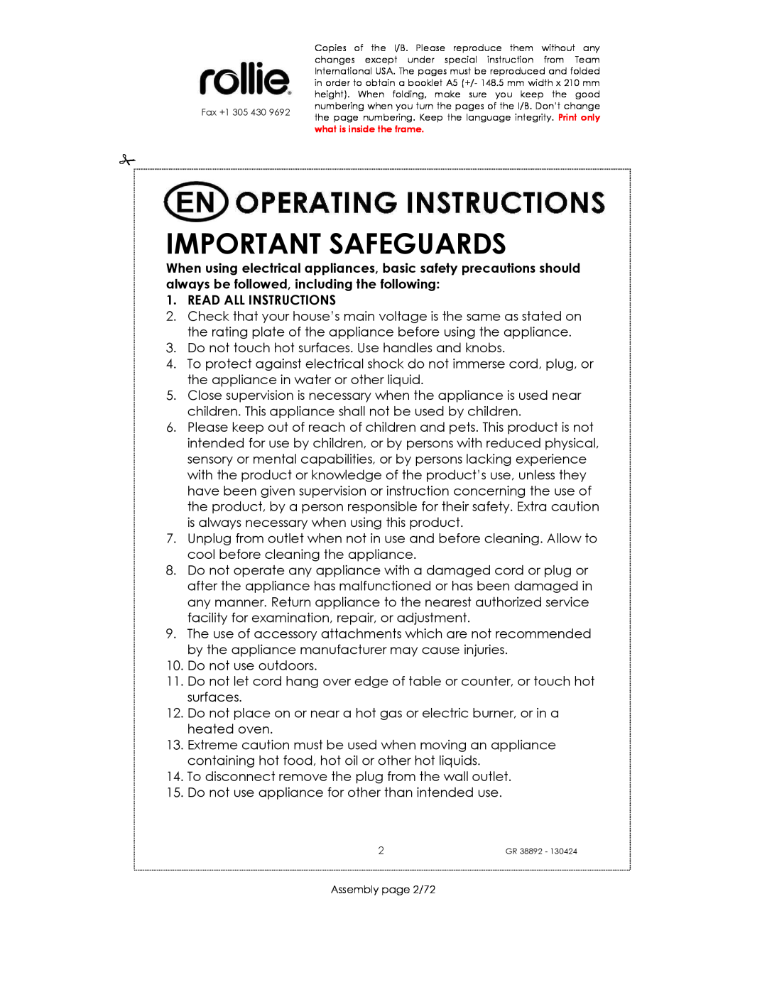 Kalorik GR38892 manual Important Safeguards, Read All Instructions 