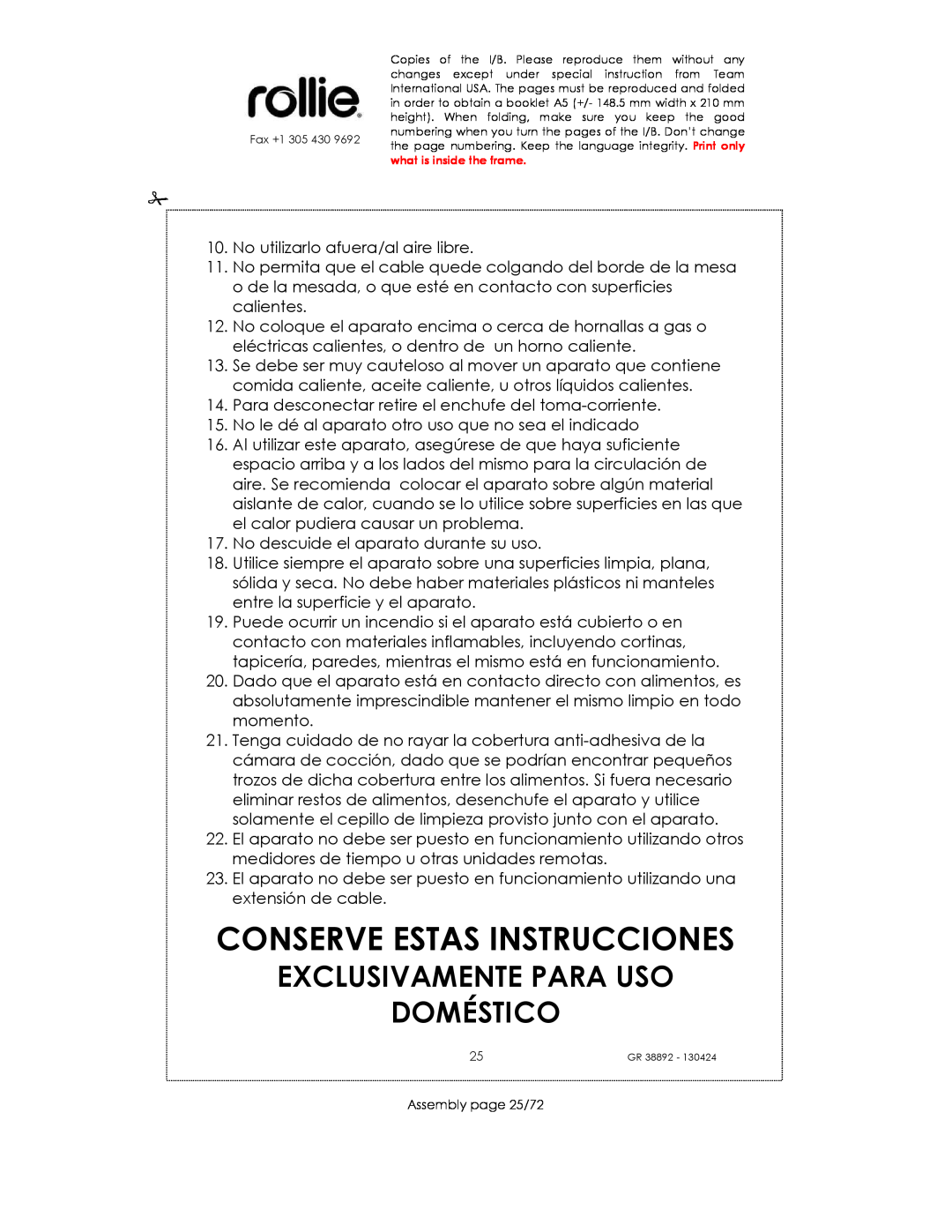 Kalorik GR38892 manual Conserve Estas Instrucciones, Exclusivamente Para Uso Doméstico 