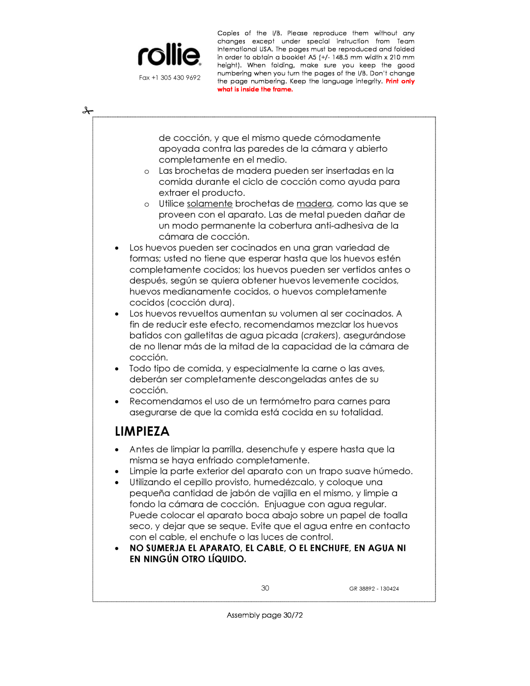 Kalorik GR38892 manual Limpieza, Assembly page 30/72 