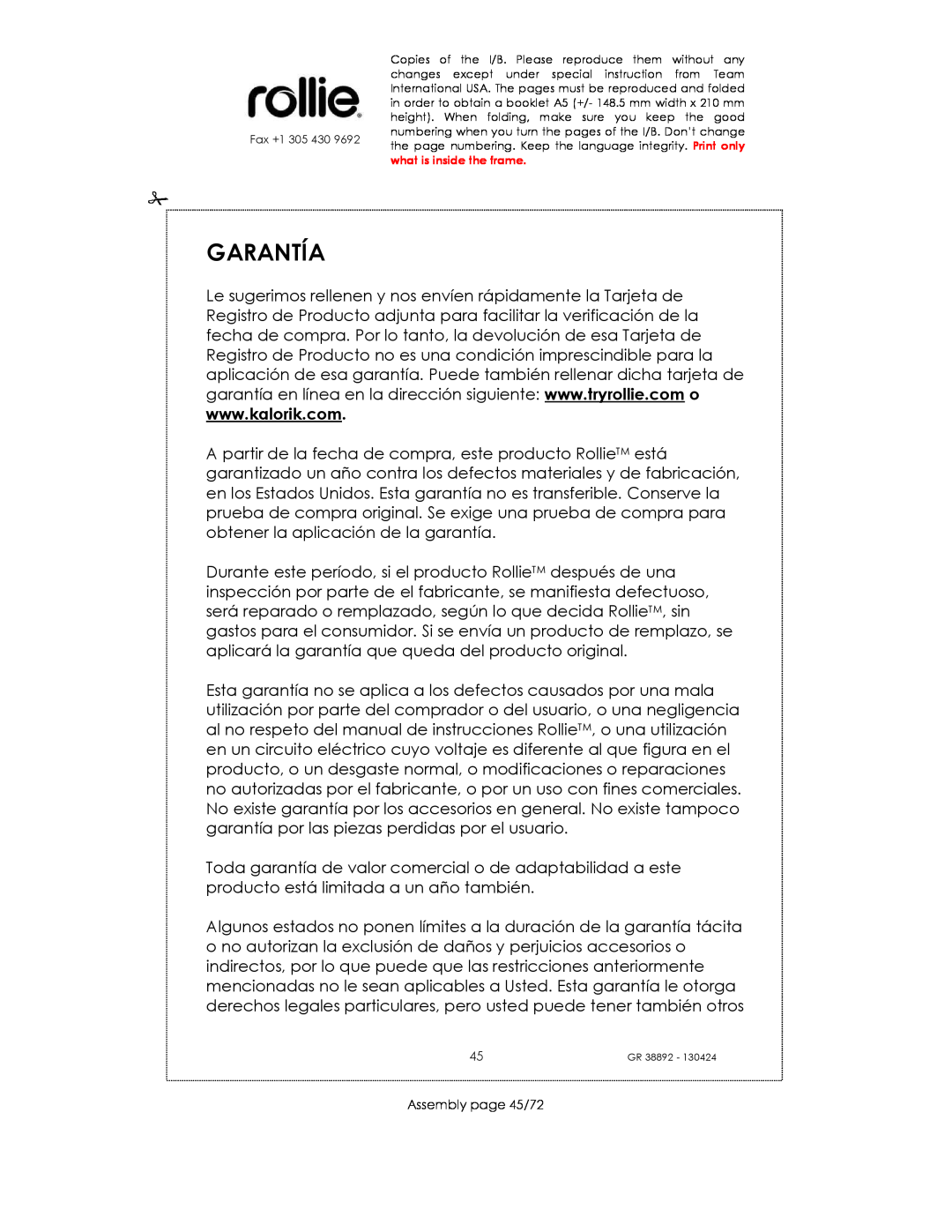 Kalorik GR38892 manual Garantía, Assembly page 45/72 