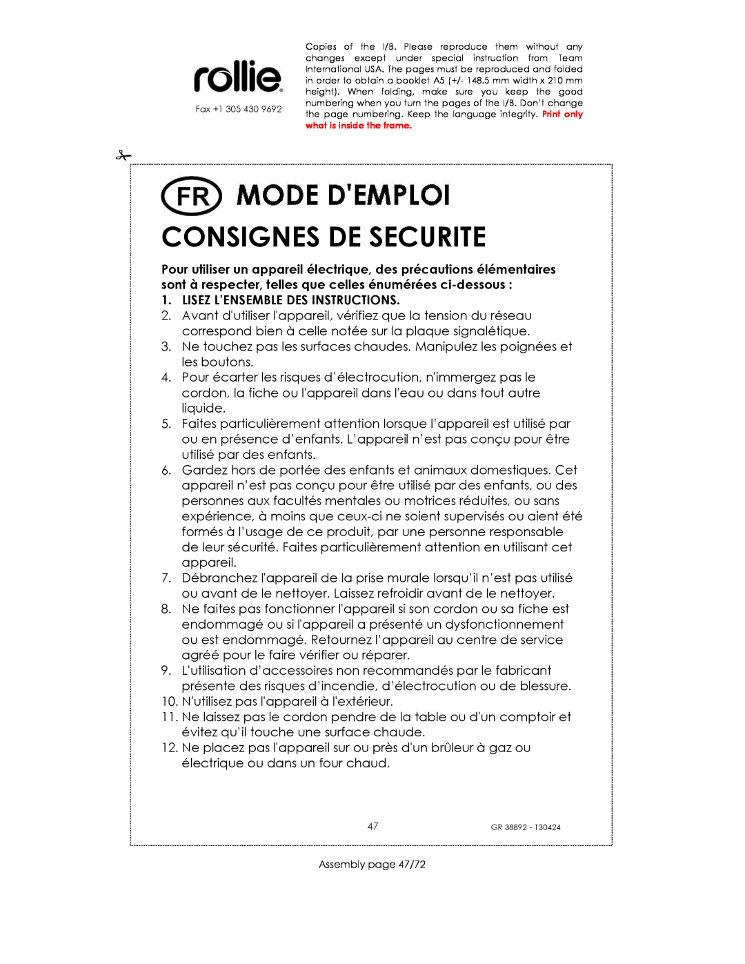 Kalorik GR38892 manual Consignes De Securite, Lisez L’Ensemble Des Instructions 