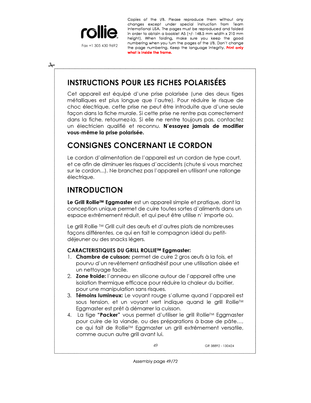 Kalorik GR38892 manual Instructions Pour Les Fiches Polarisées, Consignes Concernant Le Cordon, Introduction 