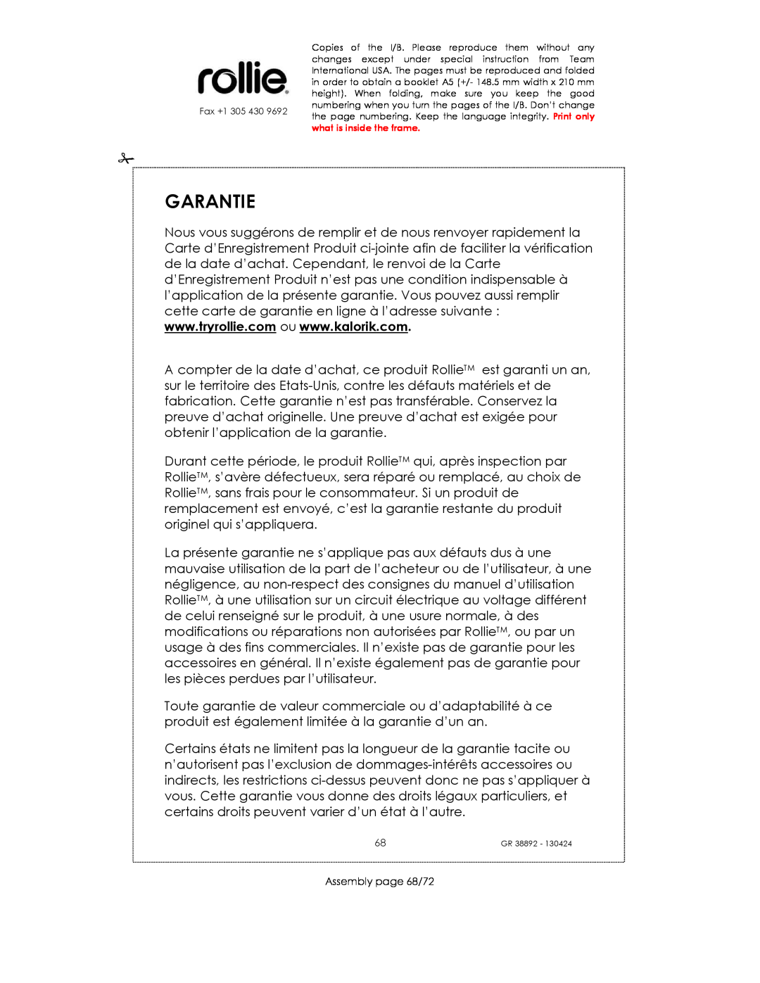 Kalorik GR38892 manual Garantie, Assembly page 68/72 
