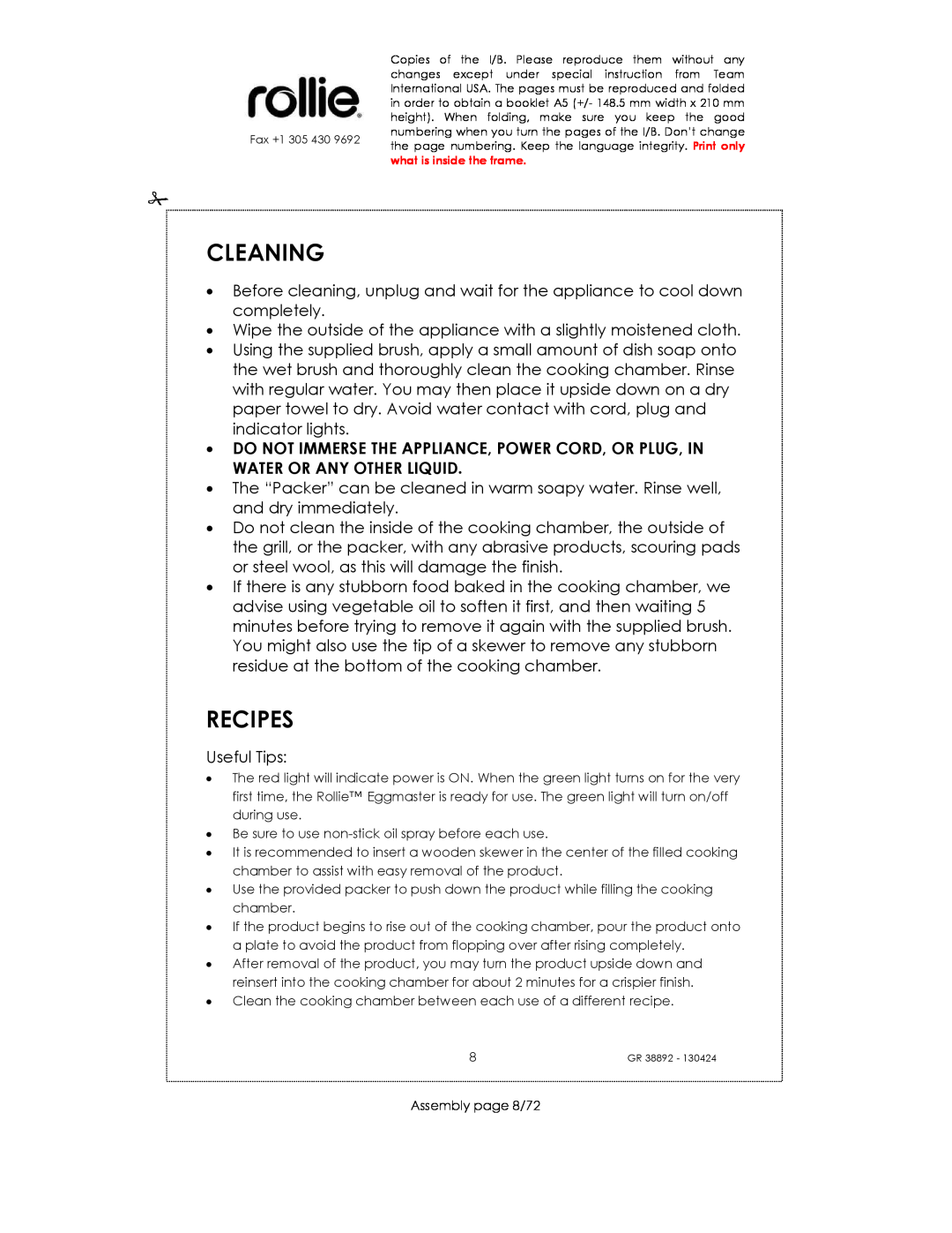 Kalorik GR38892 manual Cleaning, Recipes 