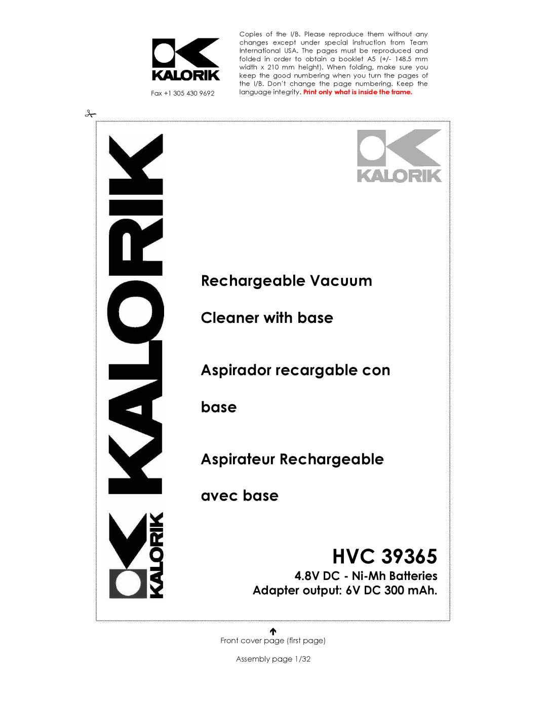 Kalorik HVC 39365 manual Hvc, Front cover page first Assembly page 1/32 