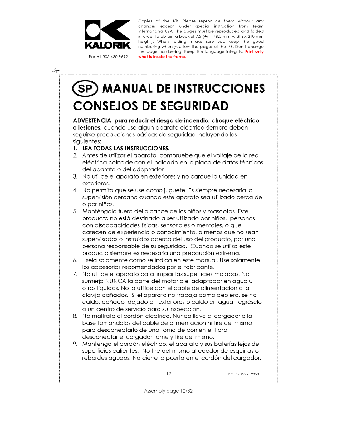 Kalorik HVC 39365 manual Consejos DE Seguridad, Assembly page 12/32 