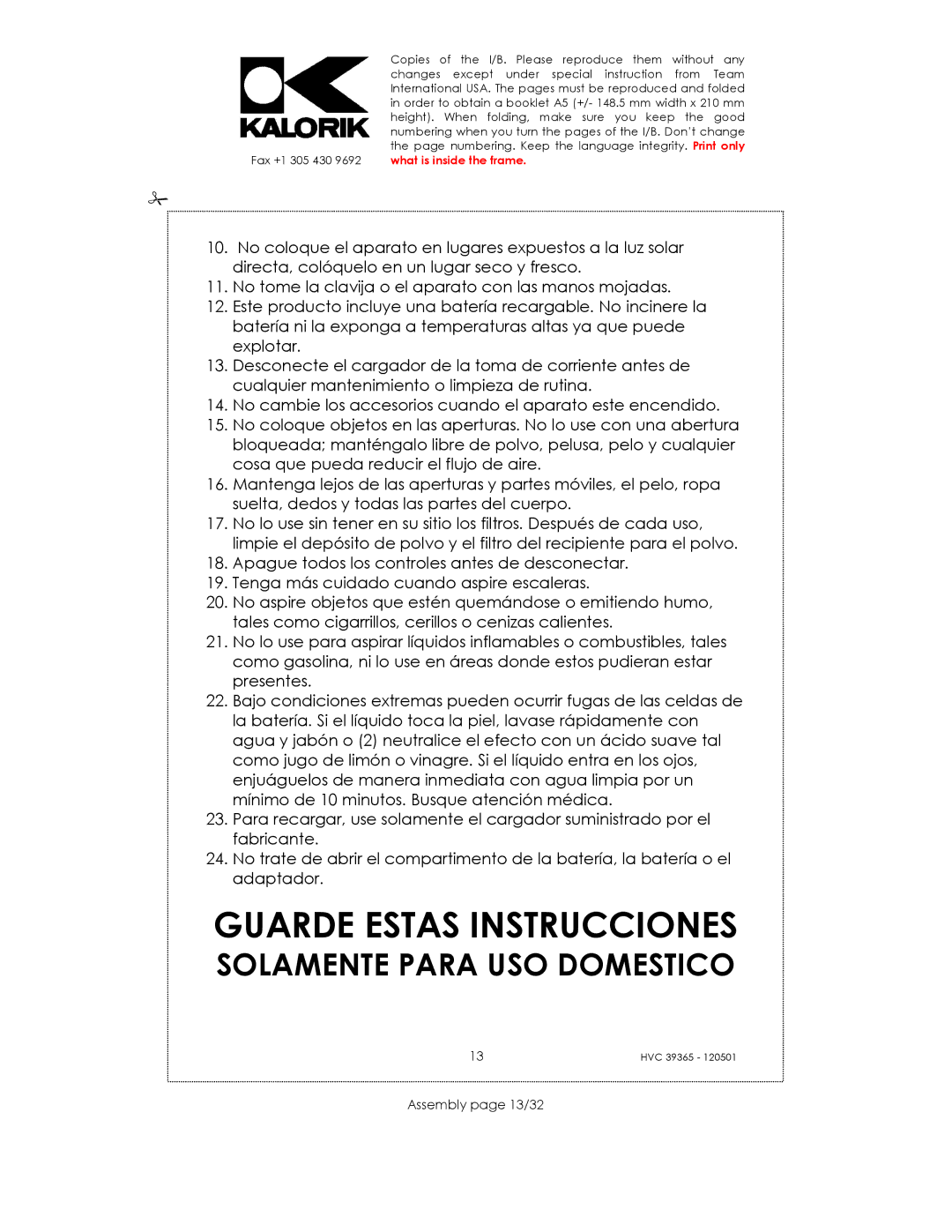 Kalorik HVC 39365 manual Guarde Estas Instrucciones, Assembly page 13/32 