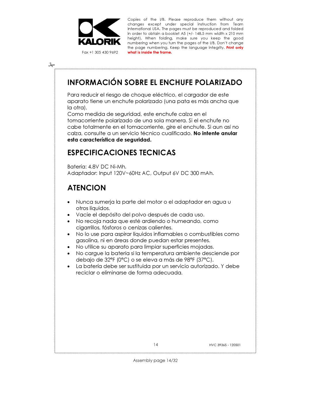 Kalorik HVC 39365 manual Información Sobre EL Enchufe Polarizado, Especificaciones Tecnicas, Atencion, Assembly page 14/32 