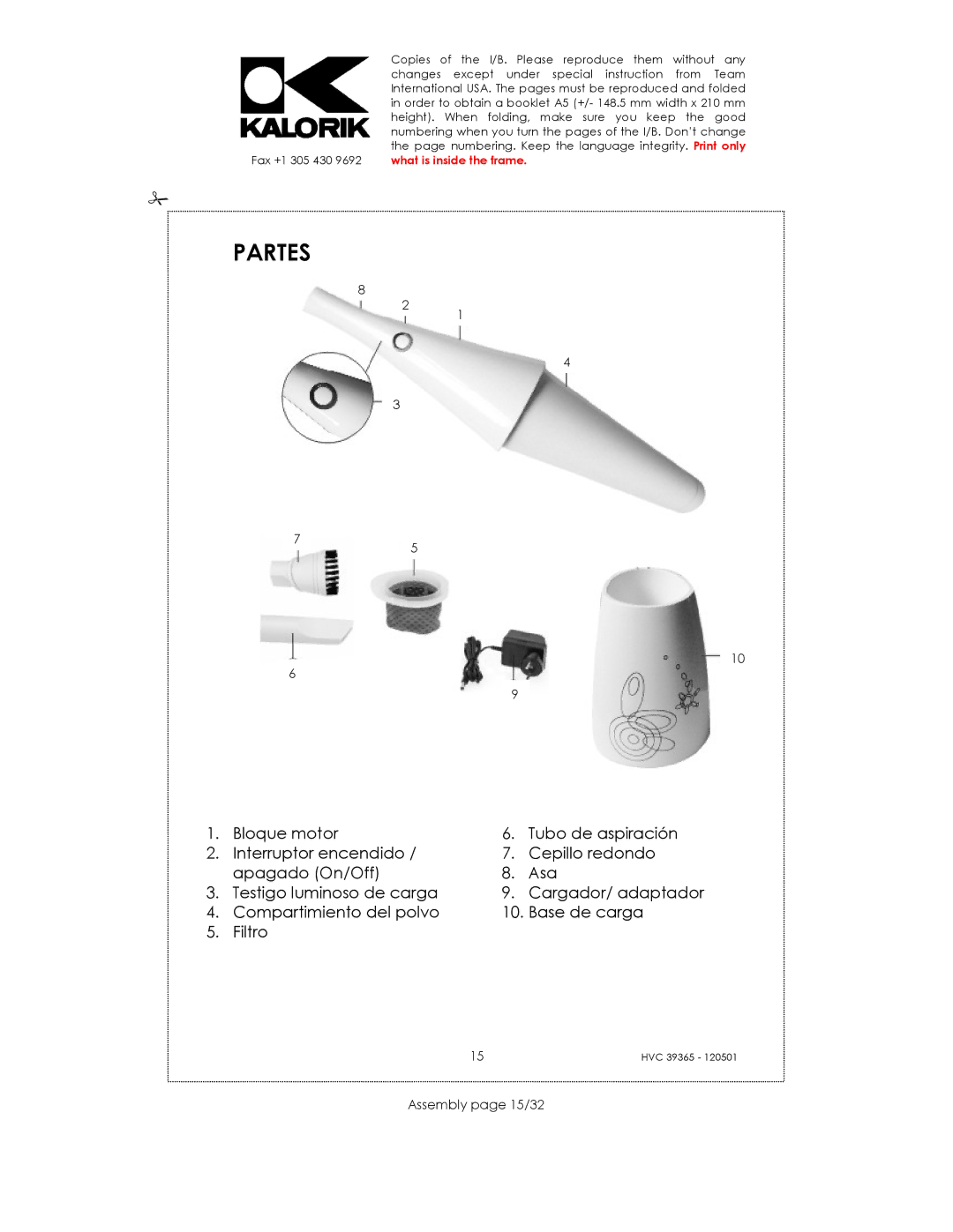 Kalorik HVC 39365 manual Partes, Assembly page 15/32 