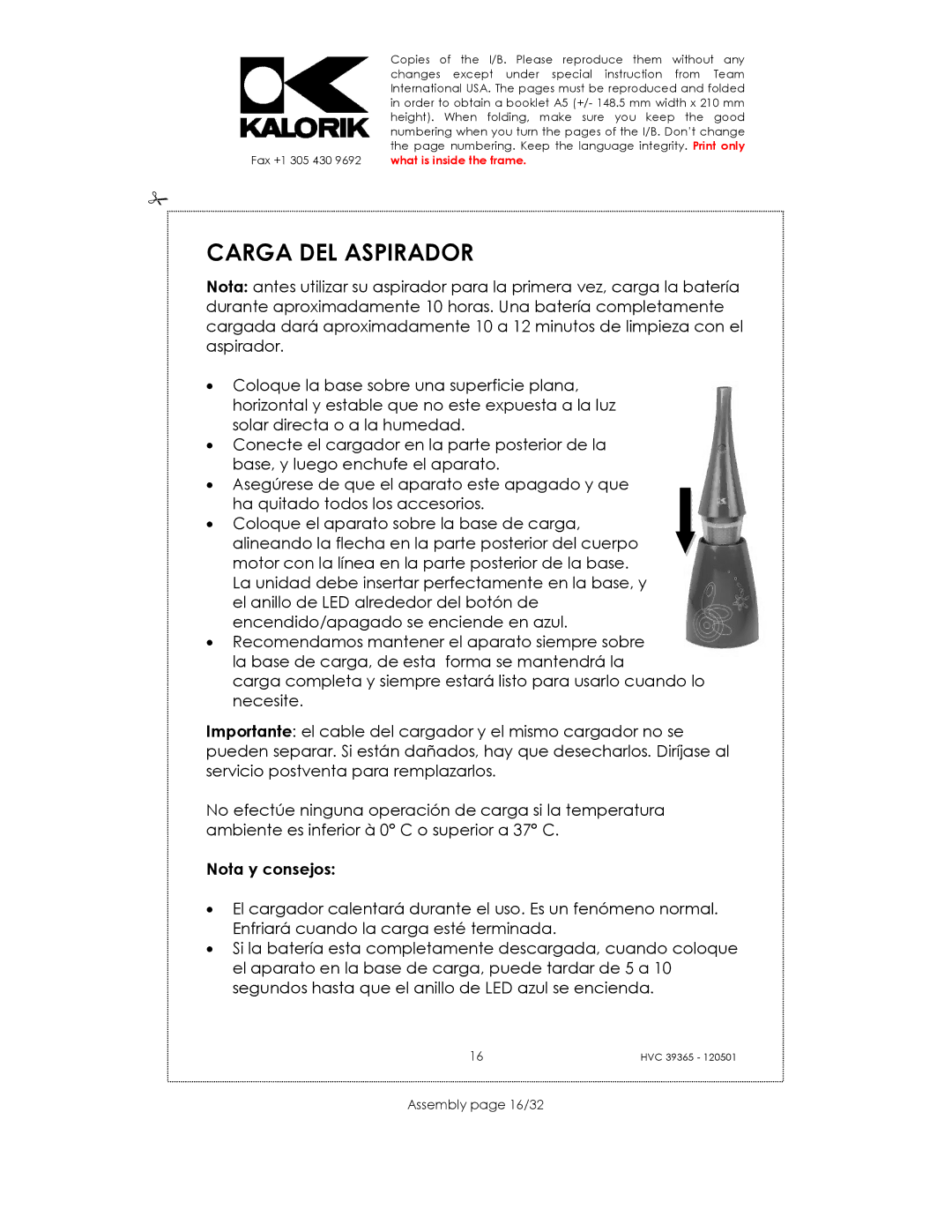 Kalorik HVC 39365 manual Carga DEL Aspirador, Nota y consejos, Assembly page 16/32 