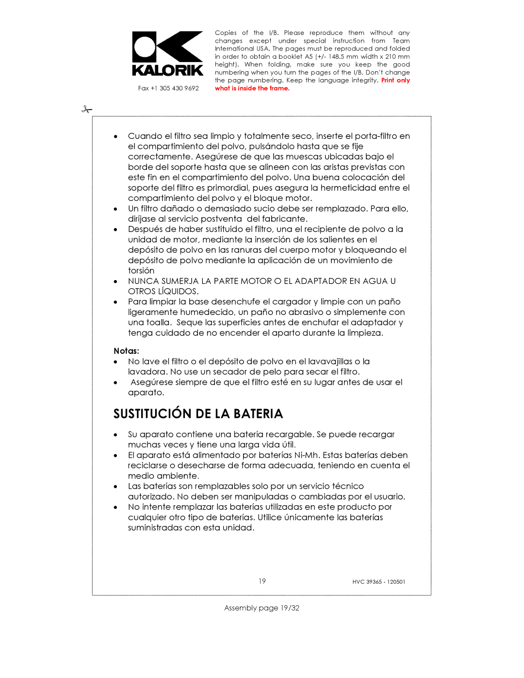 Kalorik HVC 39365 manual Sustitución DE LA Bateria, Assembly page 19/32 