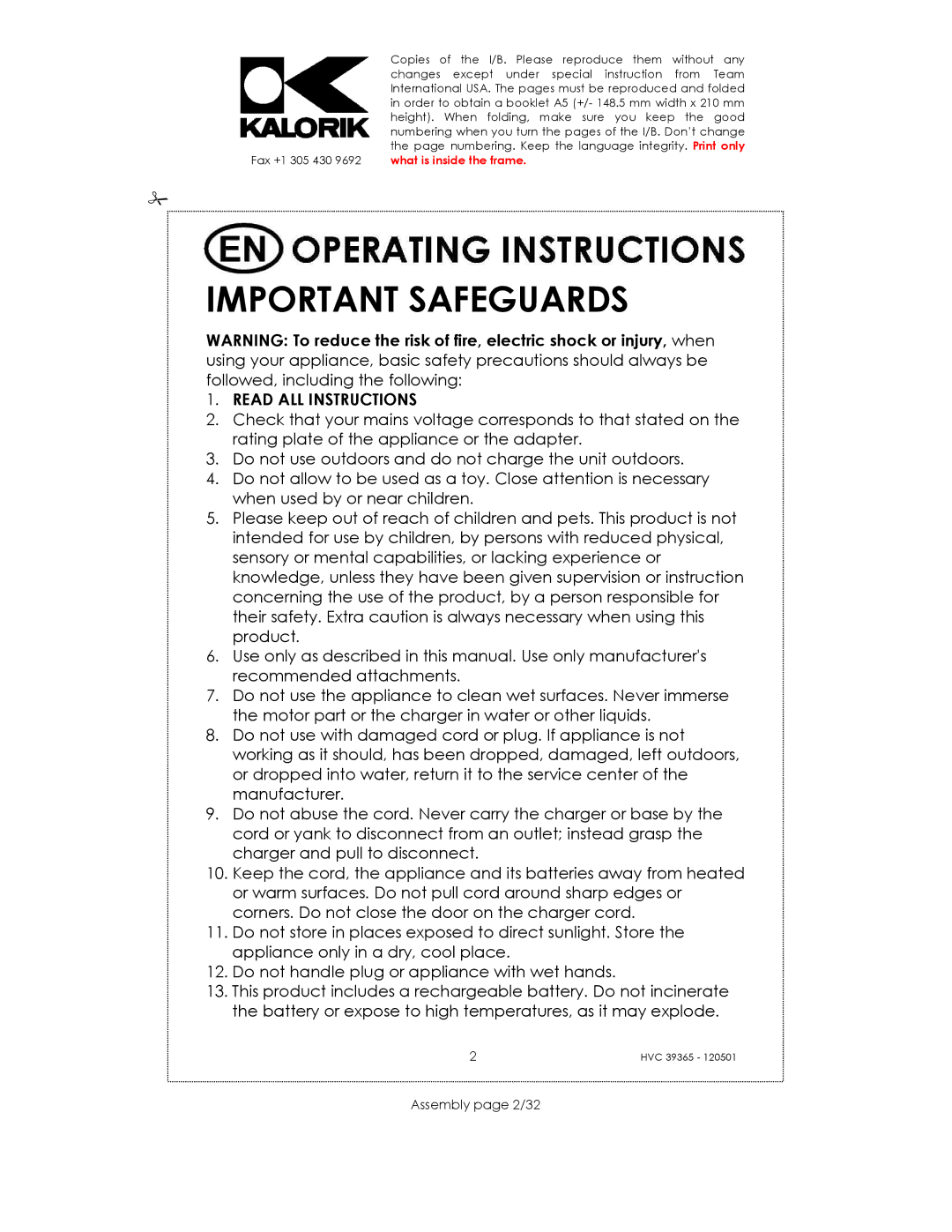 Kalorik HVC 39365 manual Important Safeguards, Assembly page 2/32 