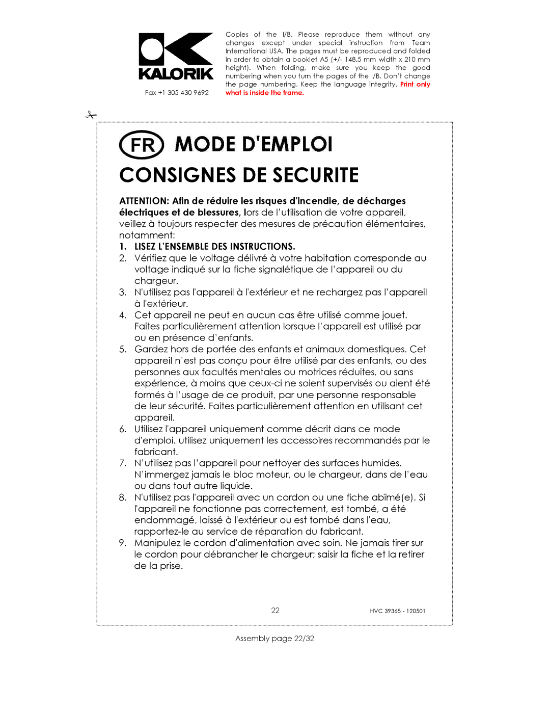 Kalorik HVC 39365 manual Consignes DE Securite, Assembly page 22/32 