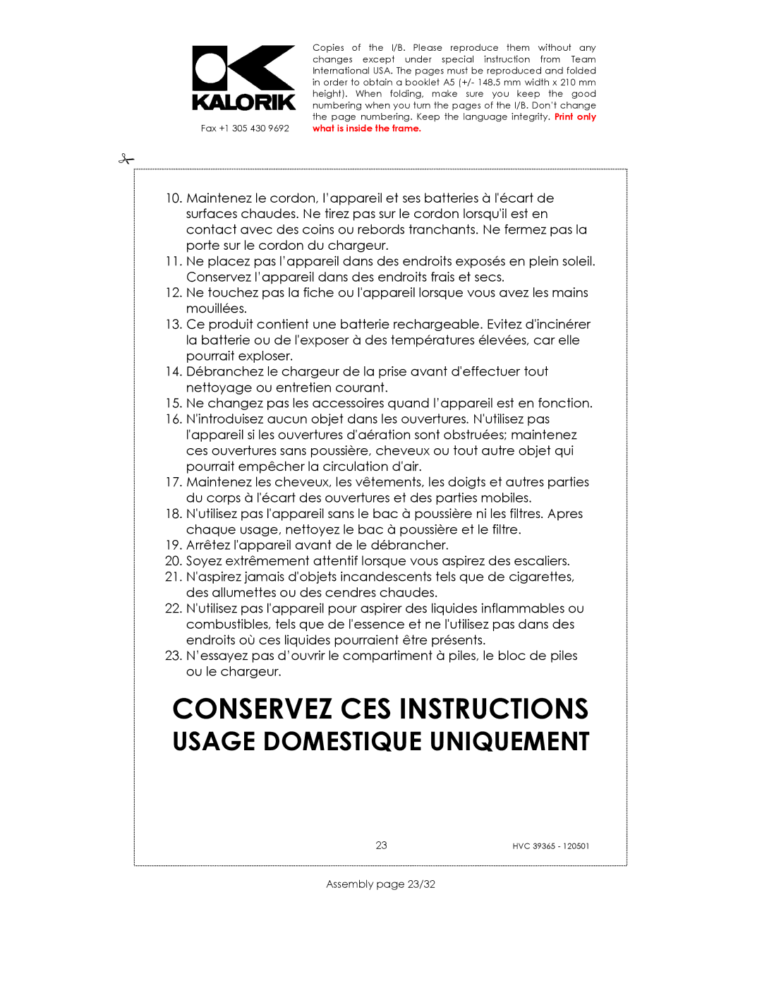 Kalorik HVC 39365 manual Conservez CES Instructions, Assembly page 23/32 