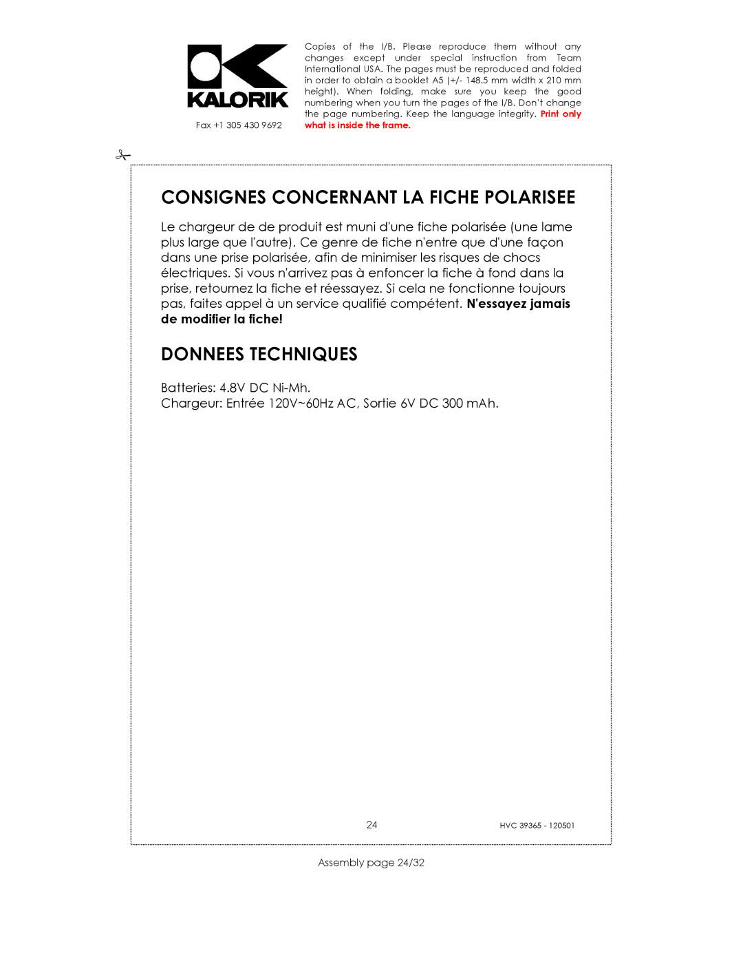 Kalorik HVC 39365 manual Consignes Concernant LA Fiche Polarisee, Donnees Techniques, Assembly page 24/32 