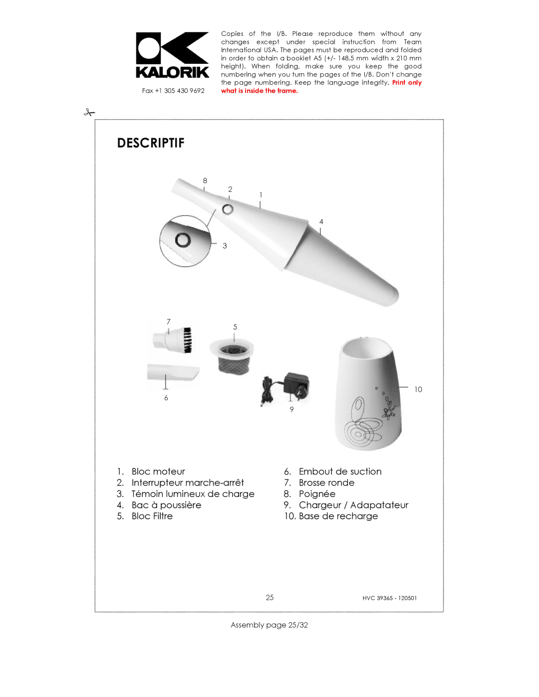 Kalorik HVC 39365 manual Descriptif, Assembly page 25/32 