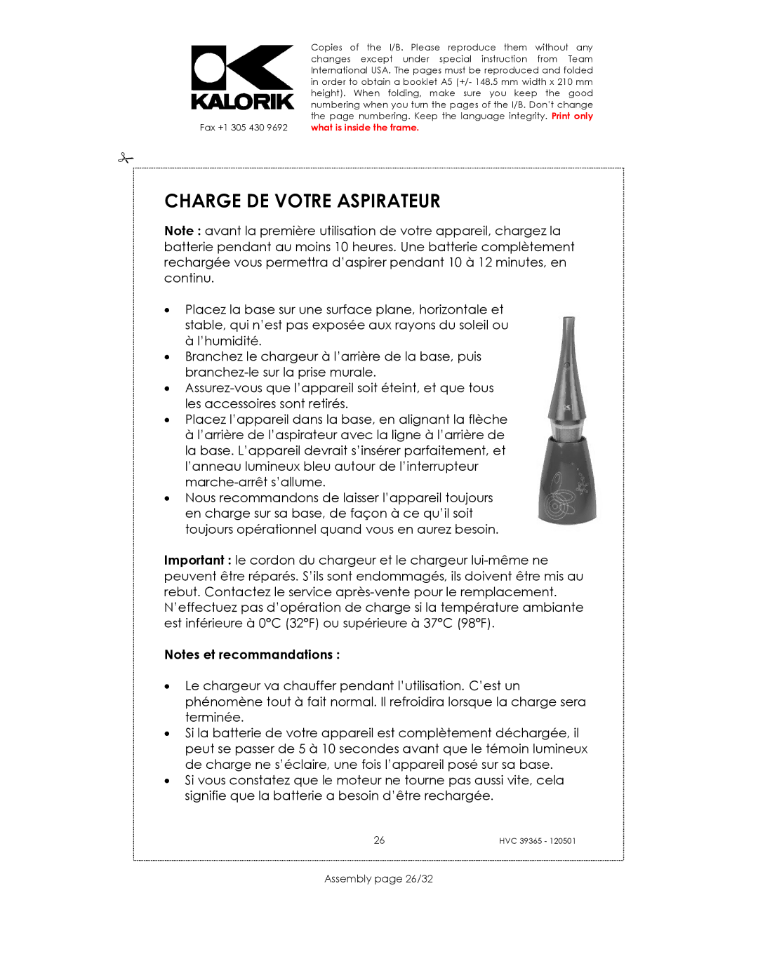 Kalorik HVC 39365 manual Charge DE Votre Aspirateur, Assembly page 26/32 