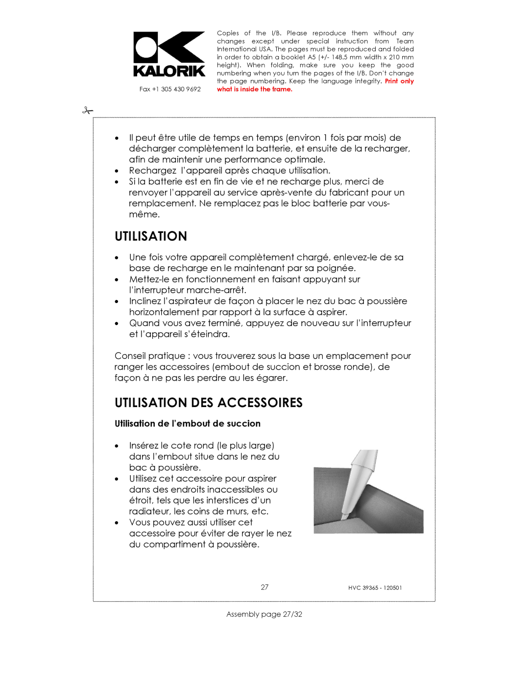 Kalorik HVC 39365 manual Utilisation DES Accessoires, Utilisation de l’embout de succion, Assembly page 27/32 