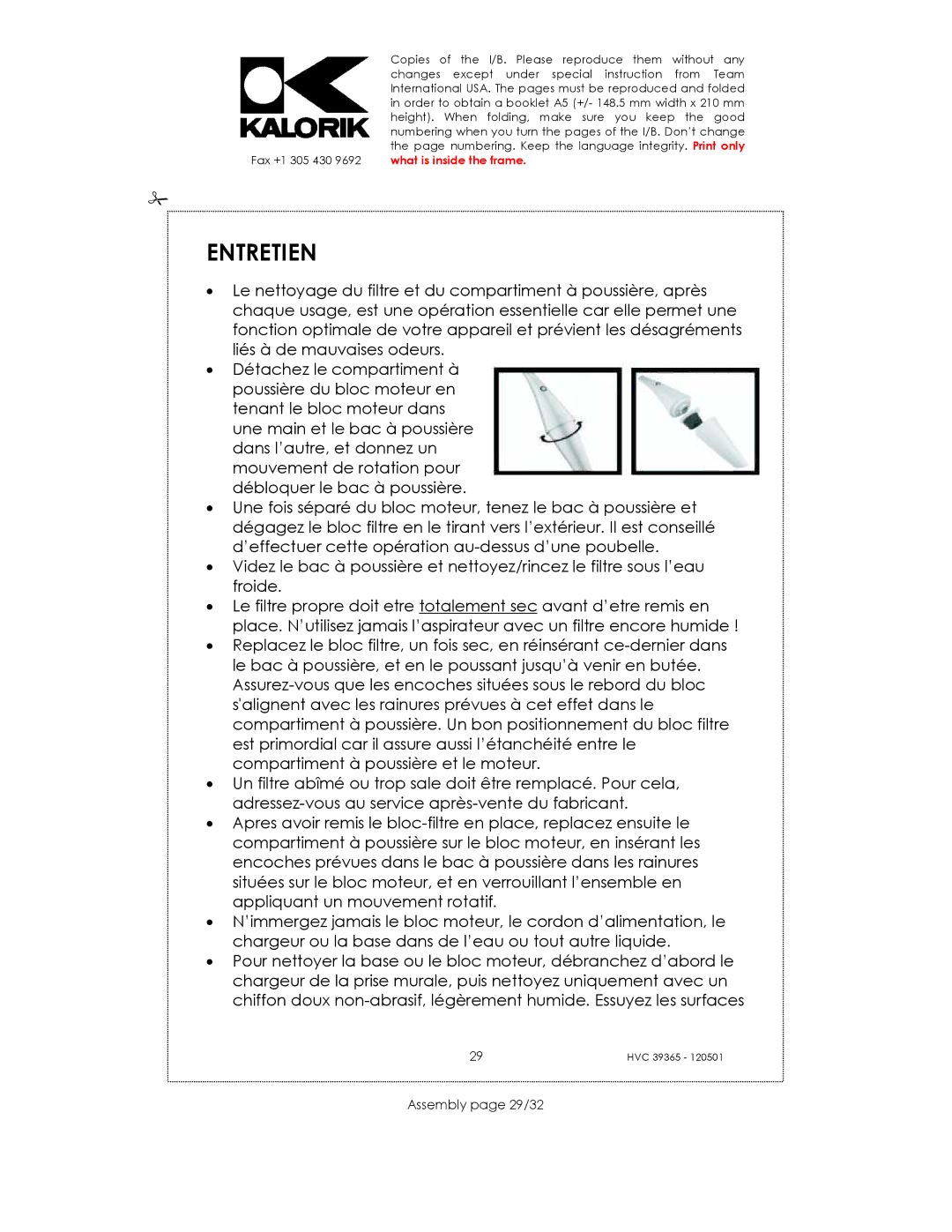 Kalorik HVC 39365 manual Entretien, Assembly page 29/32 