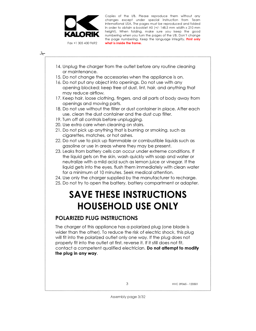 Kalorik HVC 39365 manual Household USE only, Assembly page 3/32 