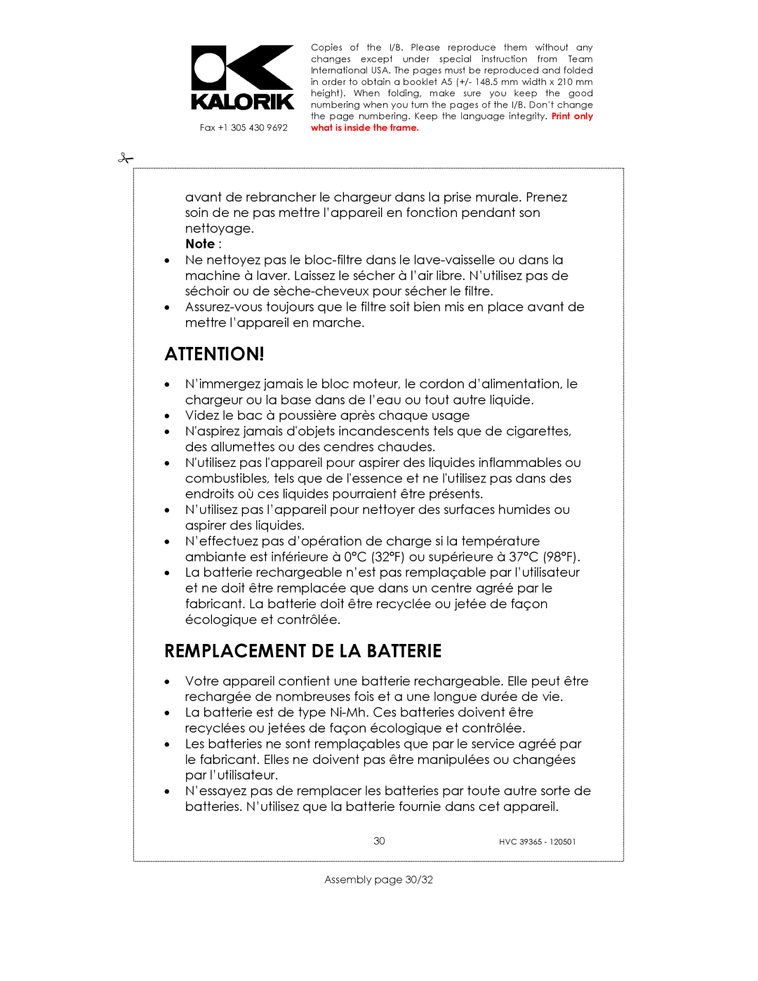 Kalorik HVC 39365 manual Remplacement DE LA Batterie, Assembly page 30/32 