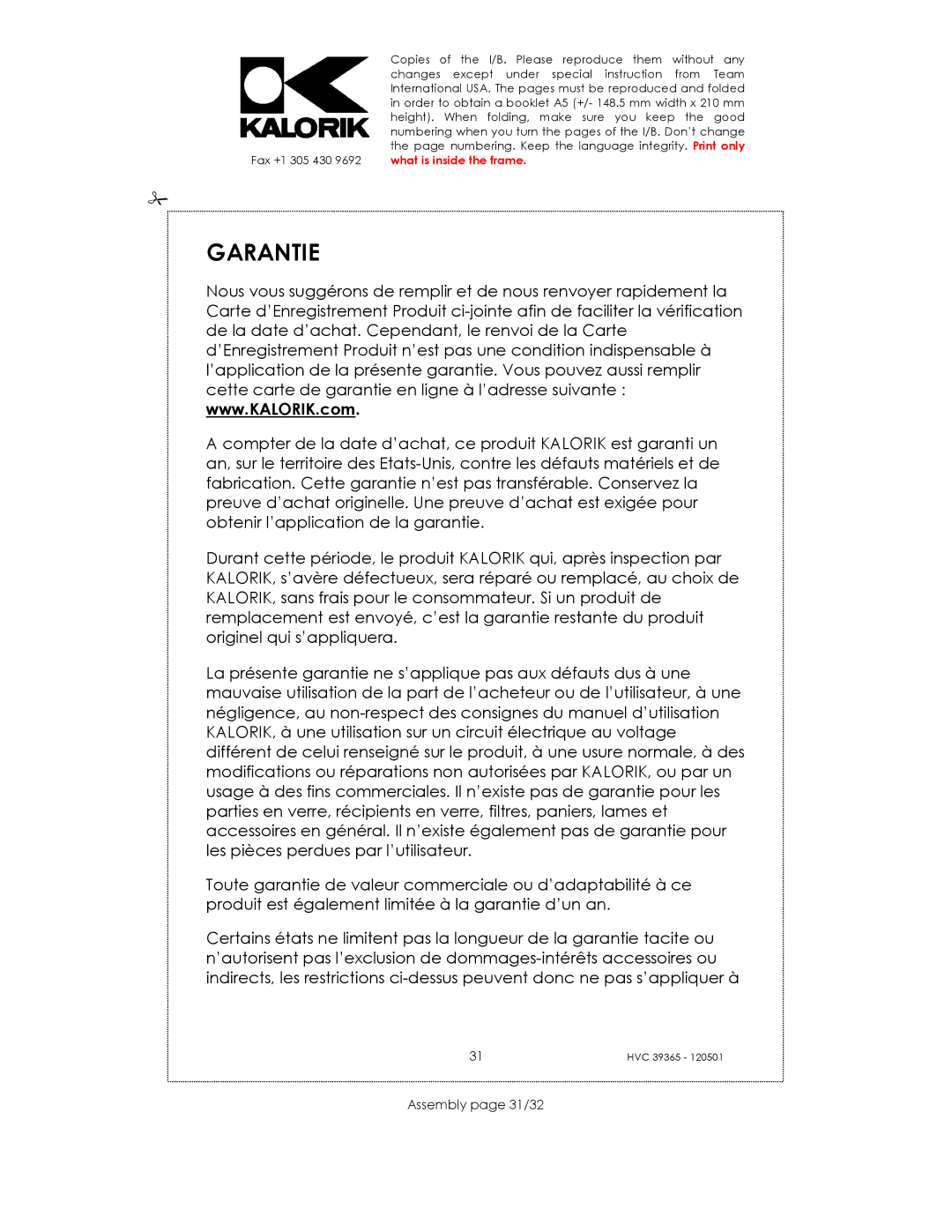 Kalorik HVC 39365 manual Garantie, Assembly page 31/32 