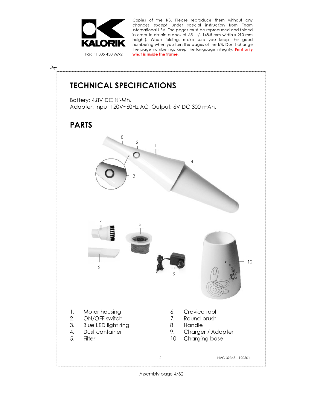 Kalorik HVC 39365 manual Technical Specifications, Parts, Assembly page 4/32 