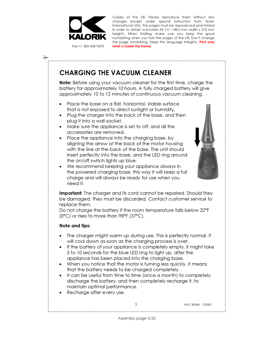 Kalorik HVC 39365 manual Charging the Vacuum Cleaner, Assembly page 5/32 