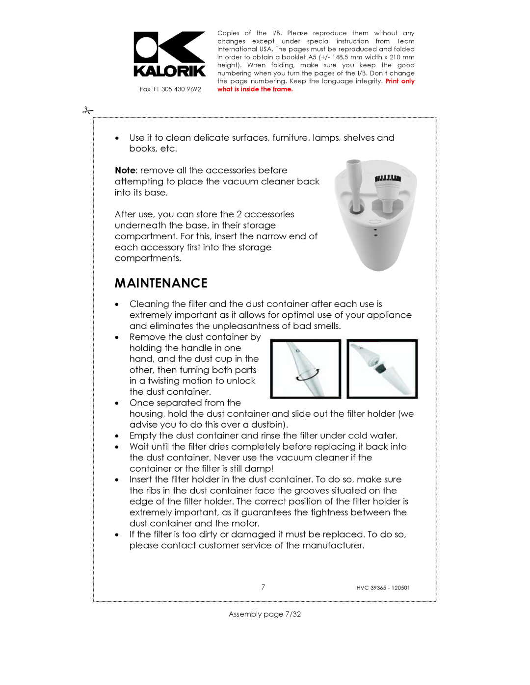 Kalorik HVC 39365 manual Maintenance, Assembly page 7/32 