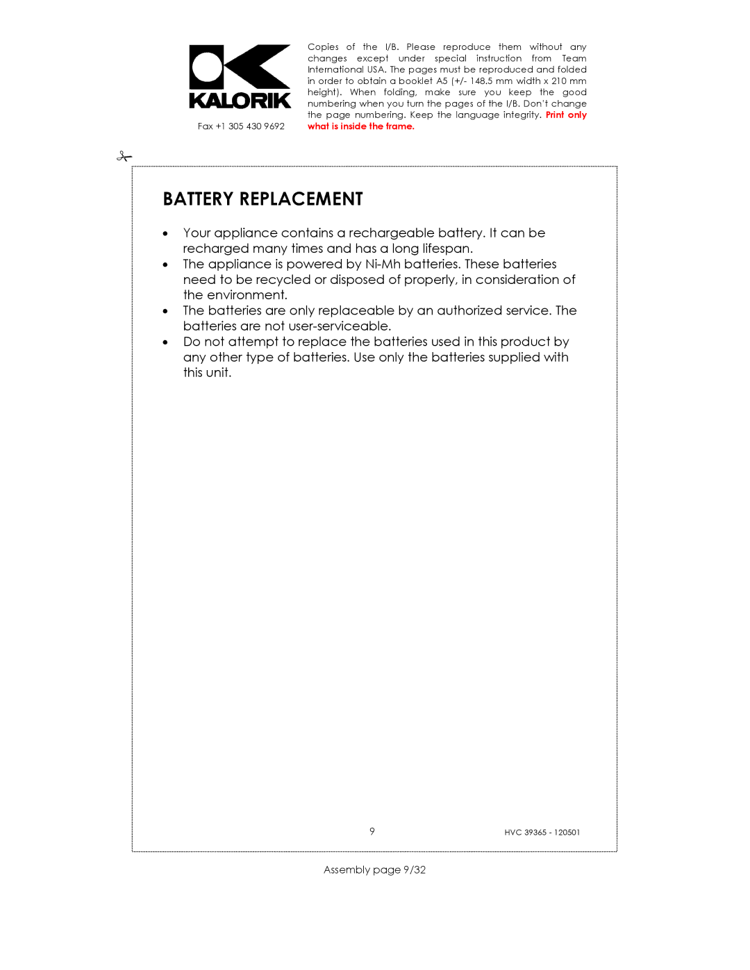 Kalorik HVC 39365 manual Battery Replacement, Assembly page 9/32 