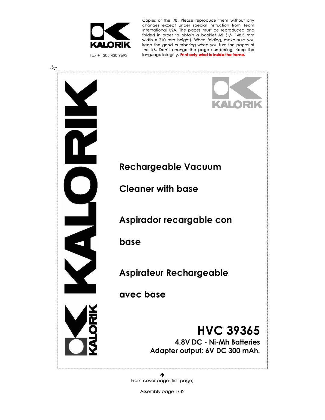 Kalorik HVC 39365 manual Rechargeable Vacuum Cleaner with base, Aspirador recargable con base 