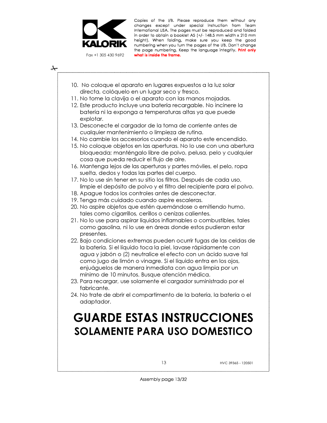 Kalorik HVC 39365 manual Guarde Estas Instrucciones, Solamente Para Uso Domestico 