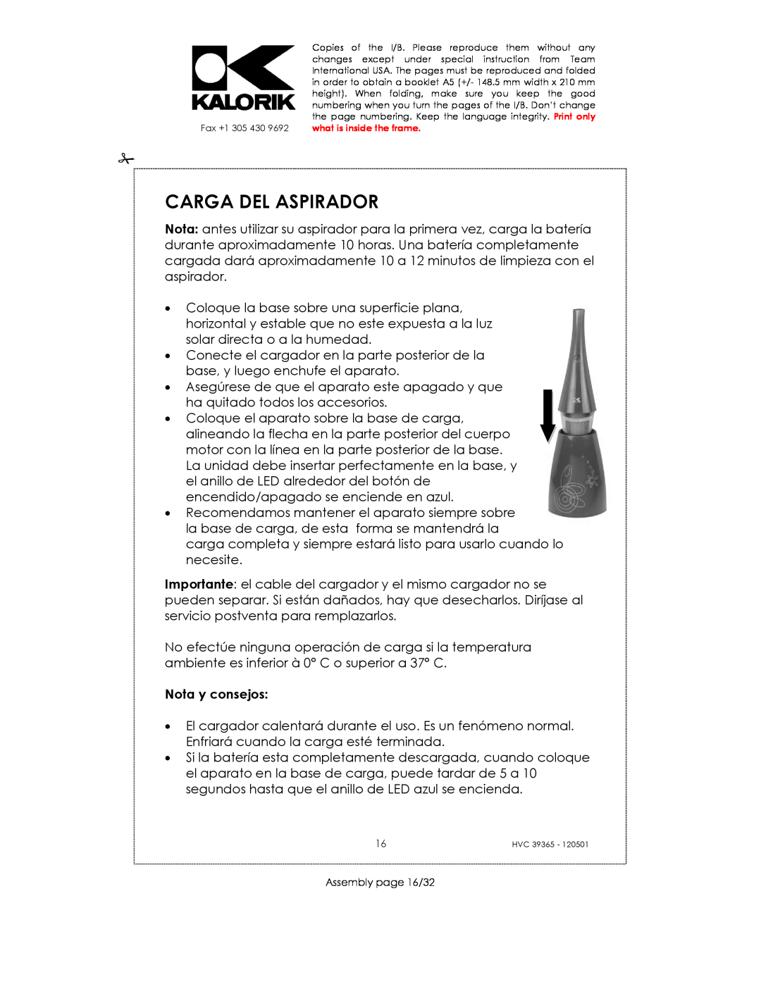 Kalorik HVC 39365 manual Carga Del Aspirador, Nota y consejos 