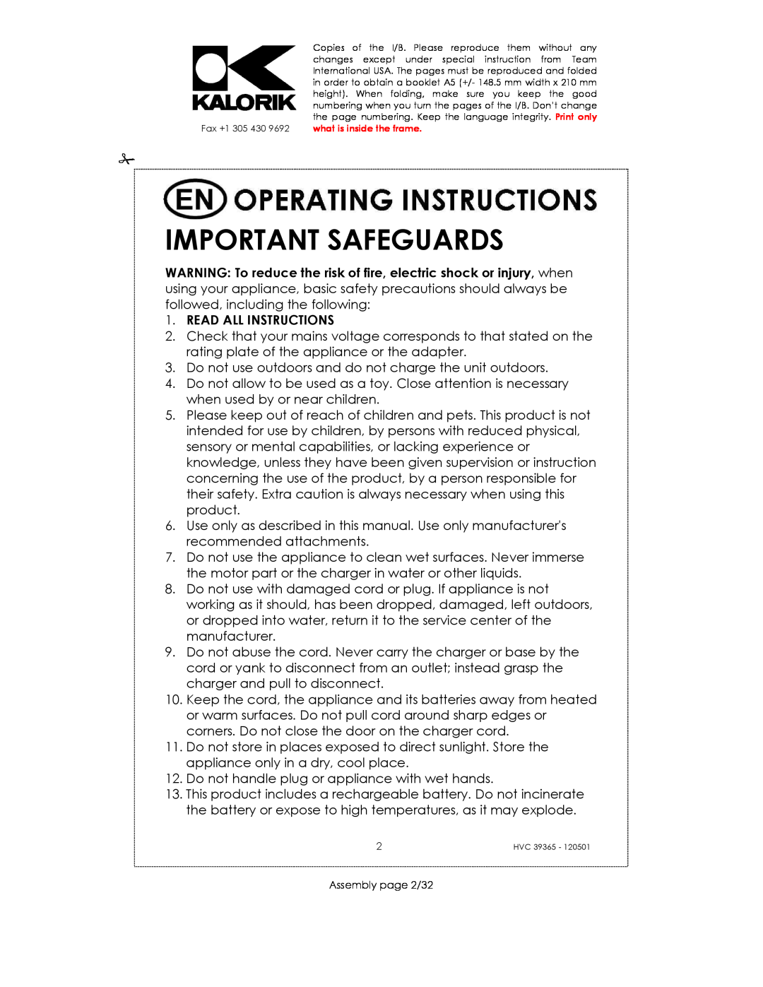 Kalorik HVC 39365 manual Important Safeguards, Read All Instructions 