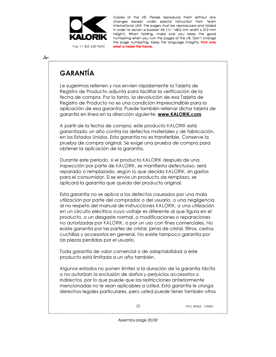 Kalorik HVC 39365 manual Garantía, Assembly page 20/32 