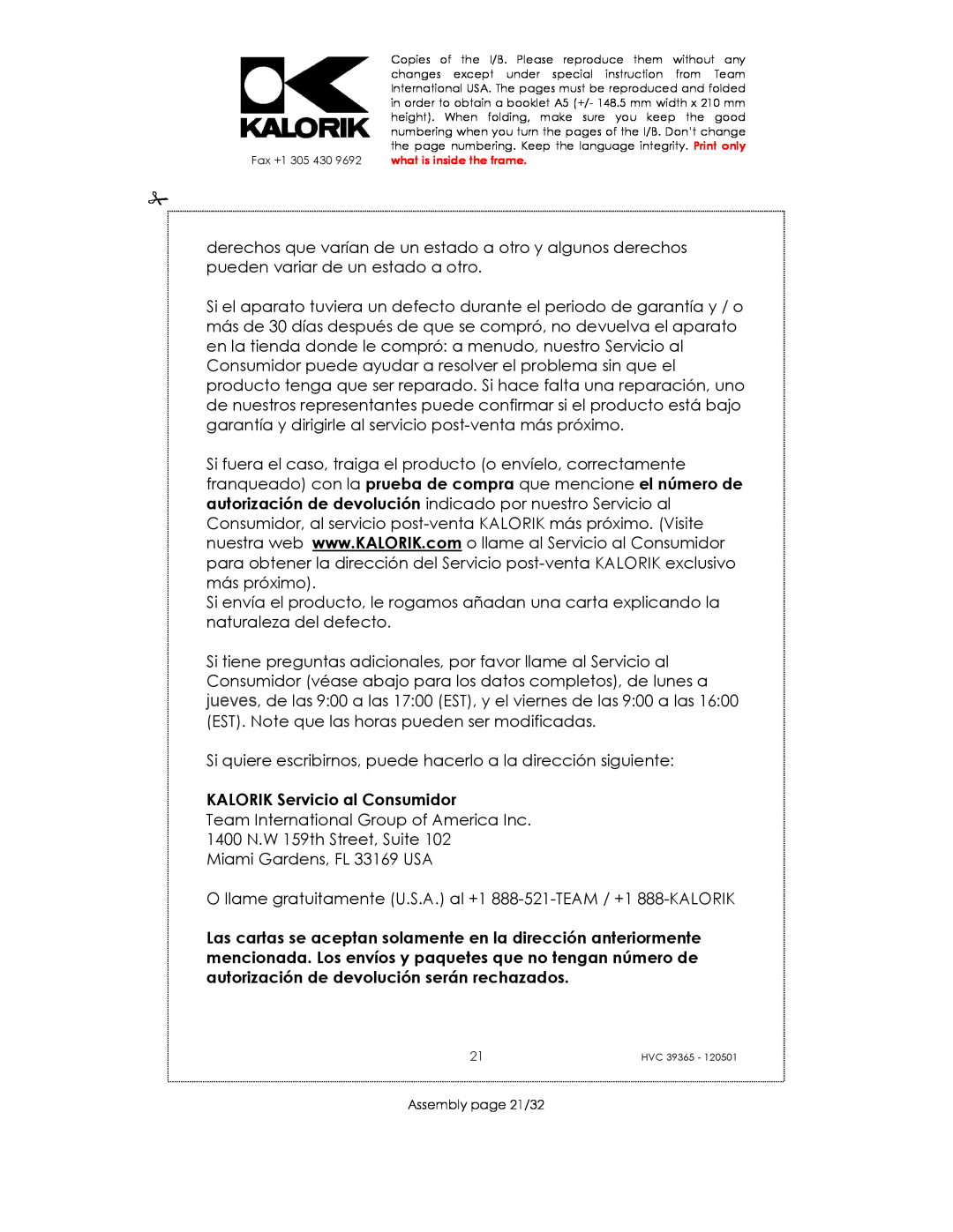 Kalorik HVC 39365 manual KALORIK Servicio al Consumidor 
