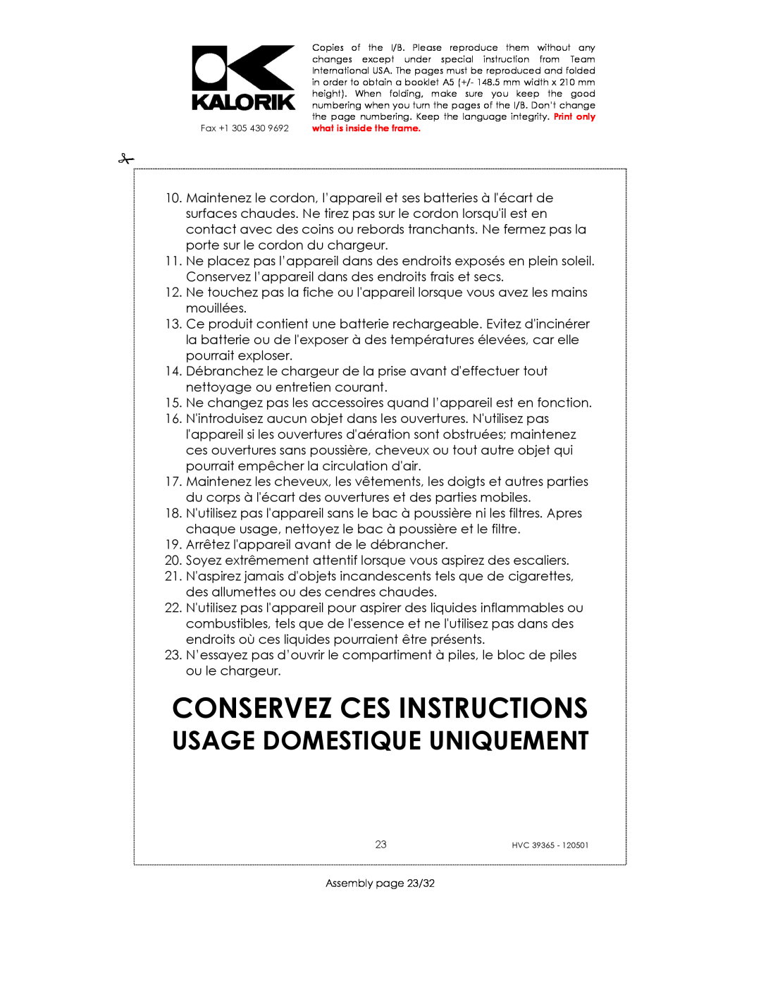 Kalorik HVC 39365 manual Conservez Ces Instructions, Usage Domestique Uniquement 