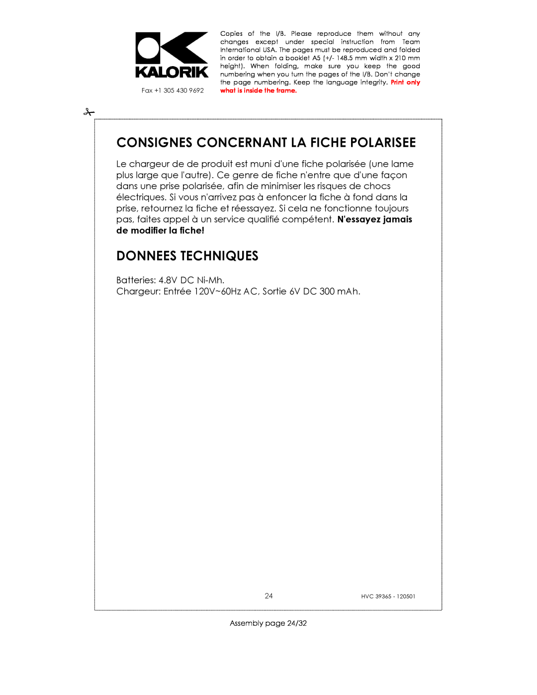 Kalorik HVC 39365 manual Consignes Concernant La Fiche Polarisee, Donnees Techniques 