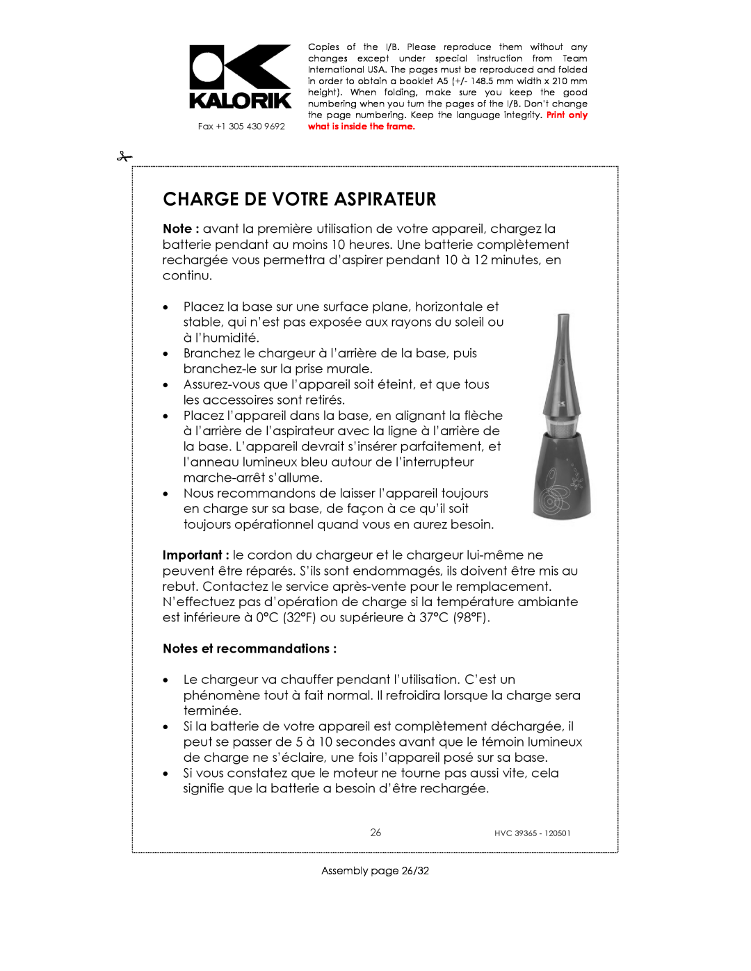 Kalorik HVC 39365 manual Charge De Votre Aspirateur, Notes et recommandations 