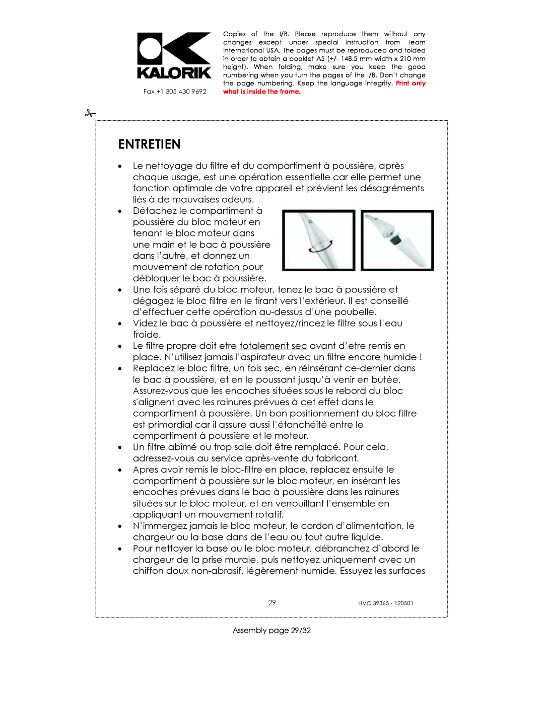 Kalorik HVC 39365 manual Entretien, Assembly page 29/32 