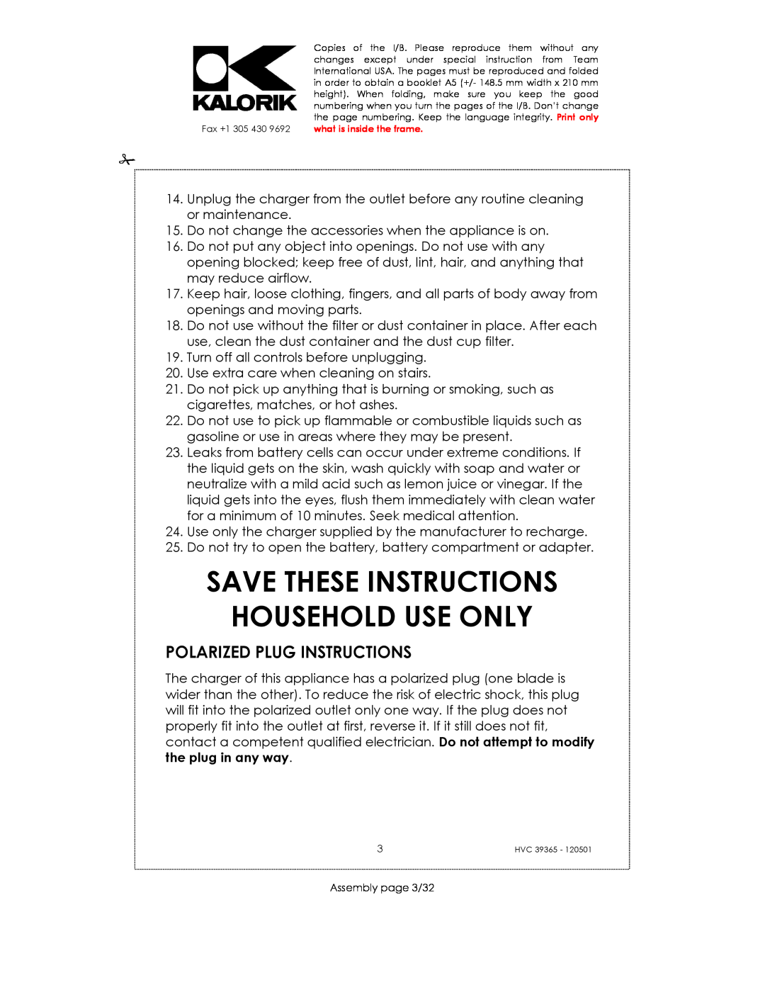 Kalorik HVC 39365 manual Save These Instructions Household Use Only, Polarized Plug Instructions 