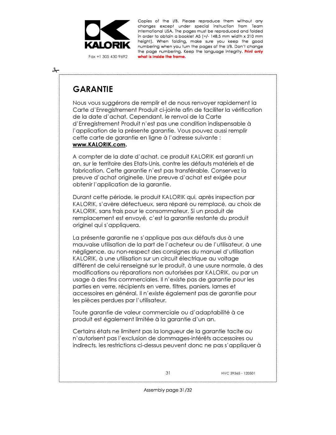 Kalorik HVC 39365 manual Garantie, Assembly page 31/32 