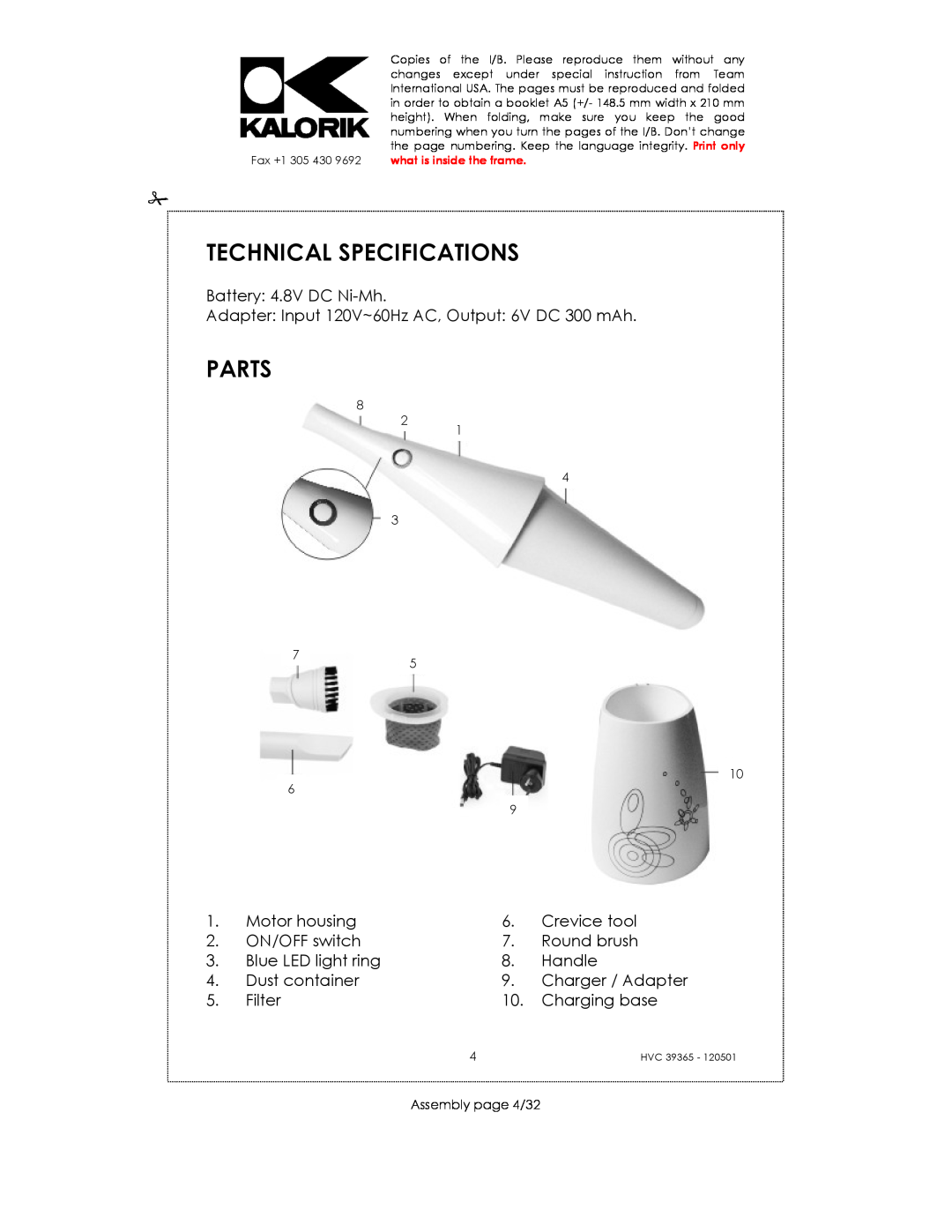 Kalorik HVC 39365 manual Technical Specifications, Parts 