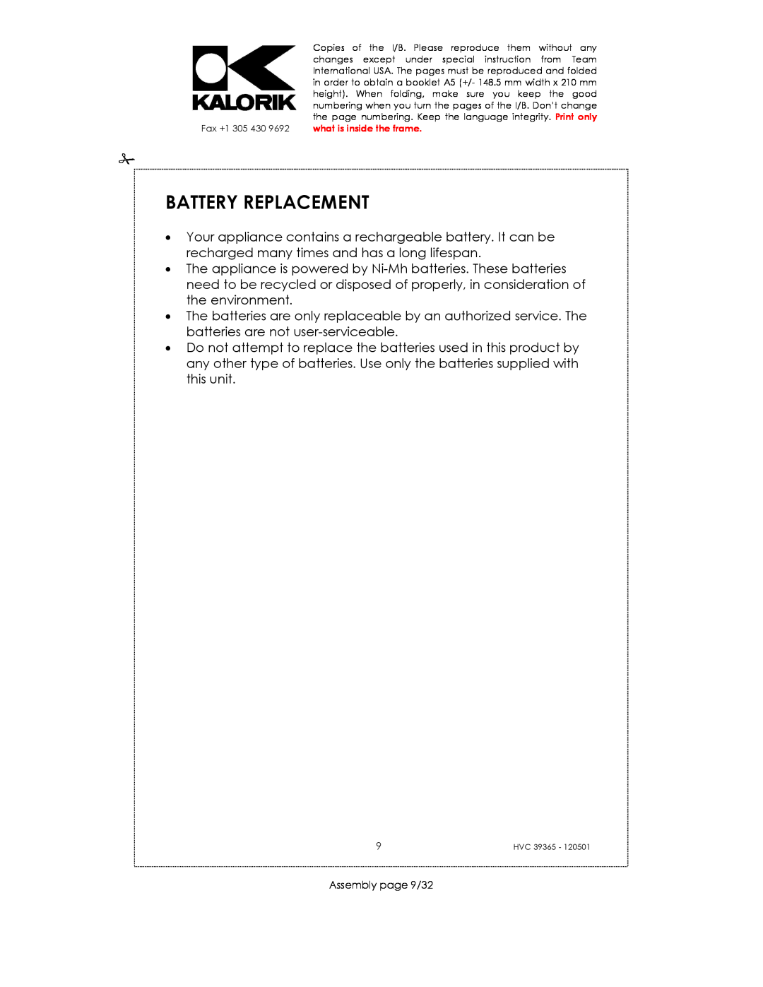 Kalorik HVC 39365 manual Battery Replacement, Assembly page 9/32 