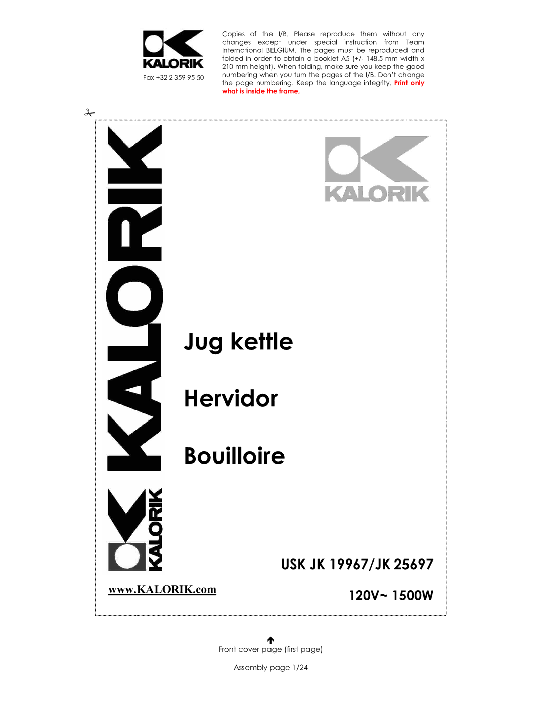 Kalorik JK 25697, JK 19967 manual Jug kettle Hervidor Bouilloire, Front cover page first Assembly page 1/24 