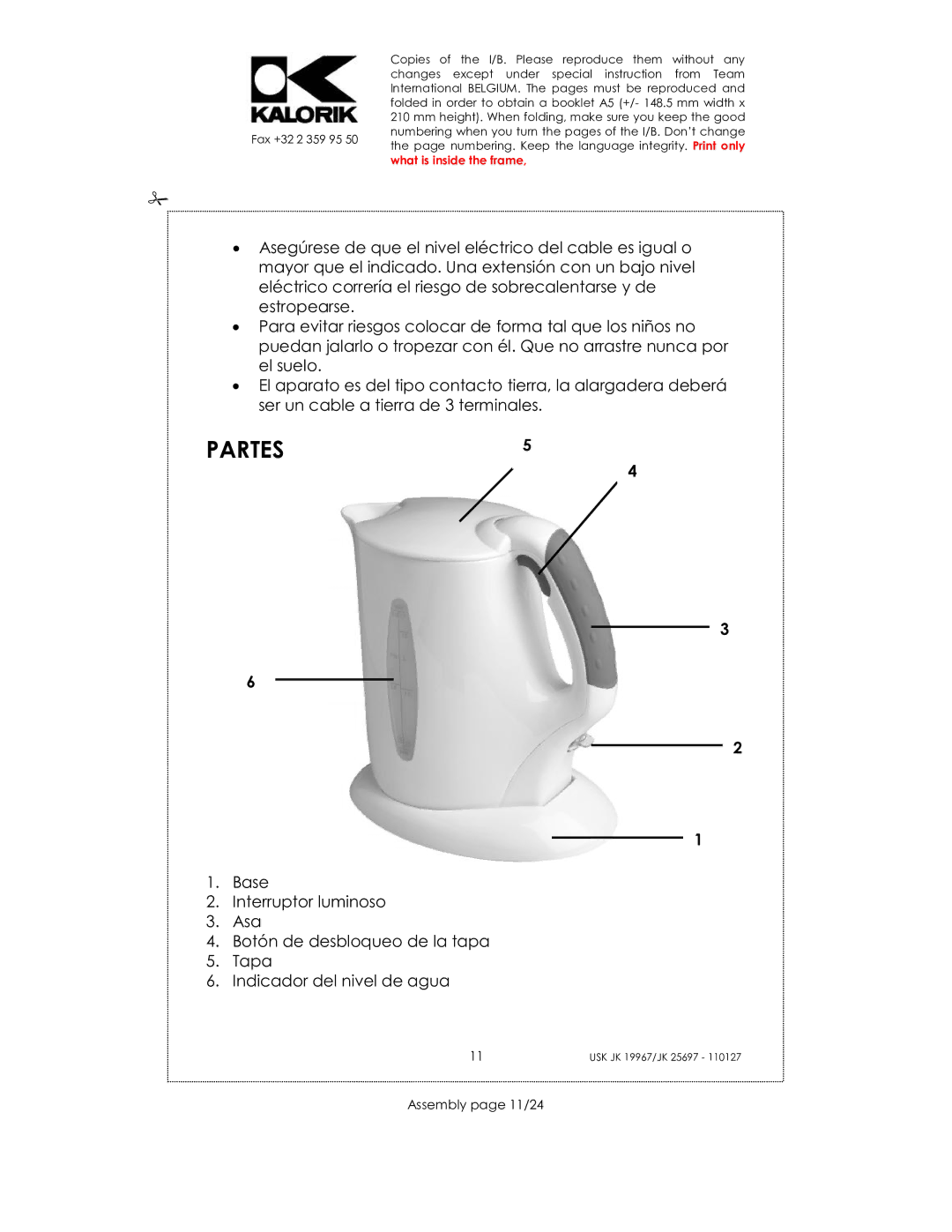 Kalorik JK 25697, JK 19967 manual Partes, Assembly page 11/24 