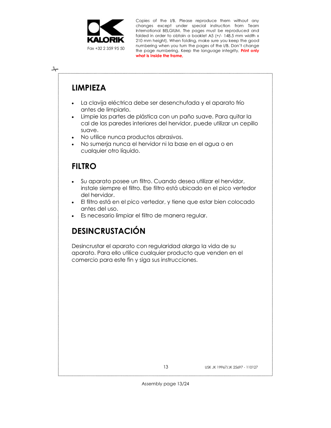 Kalorik JK 25697, JK 19967 manual Limpieza, Filtro, Desincrustación, Assembly page 13/24 